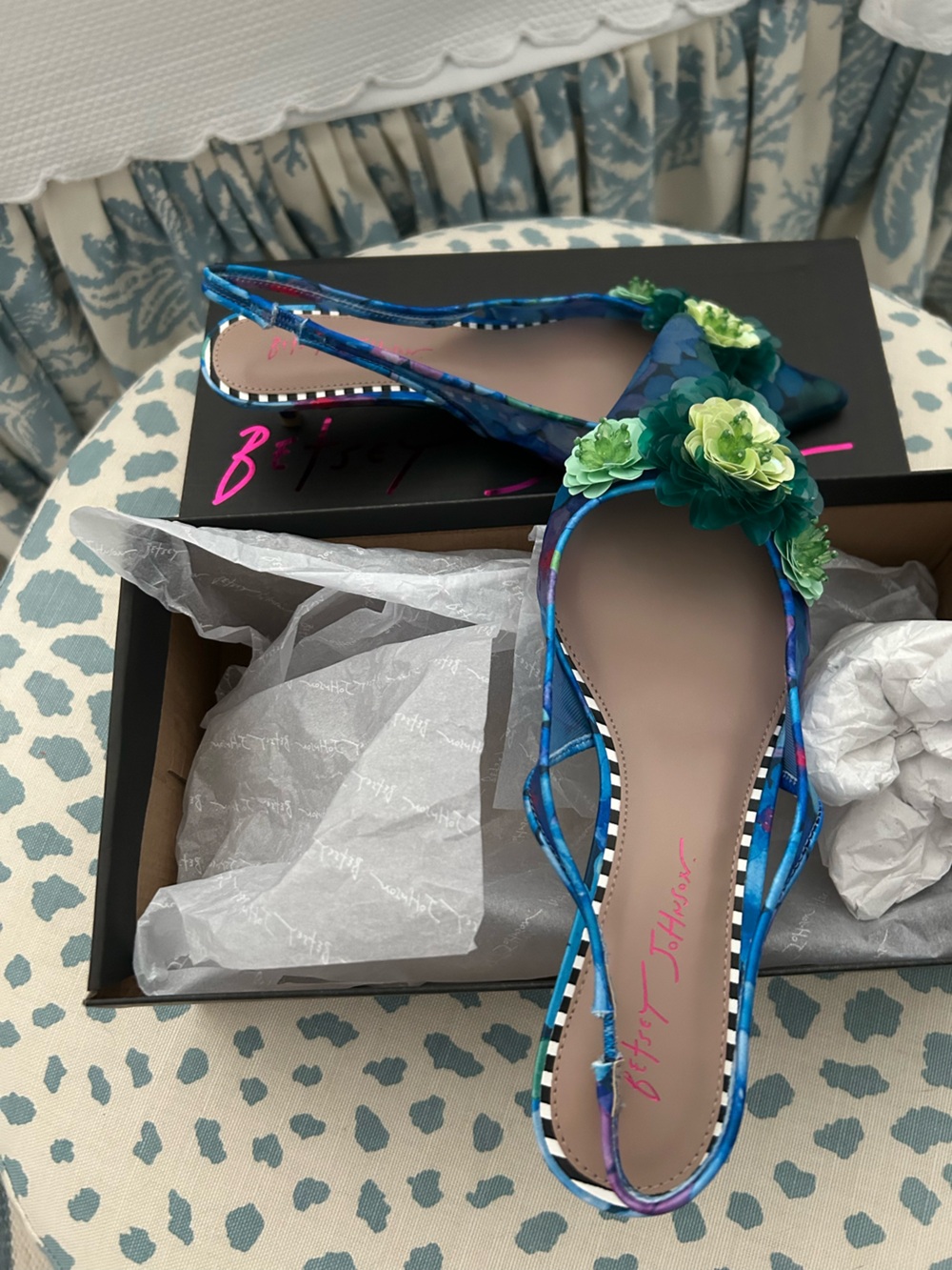 Betsey Johnson Pump in Shades of Blue With Green Appliqués. - Picture 1 of 6